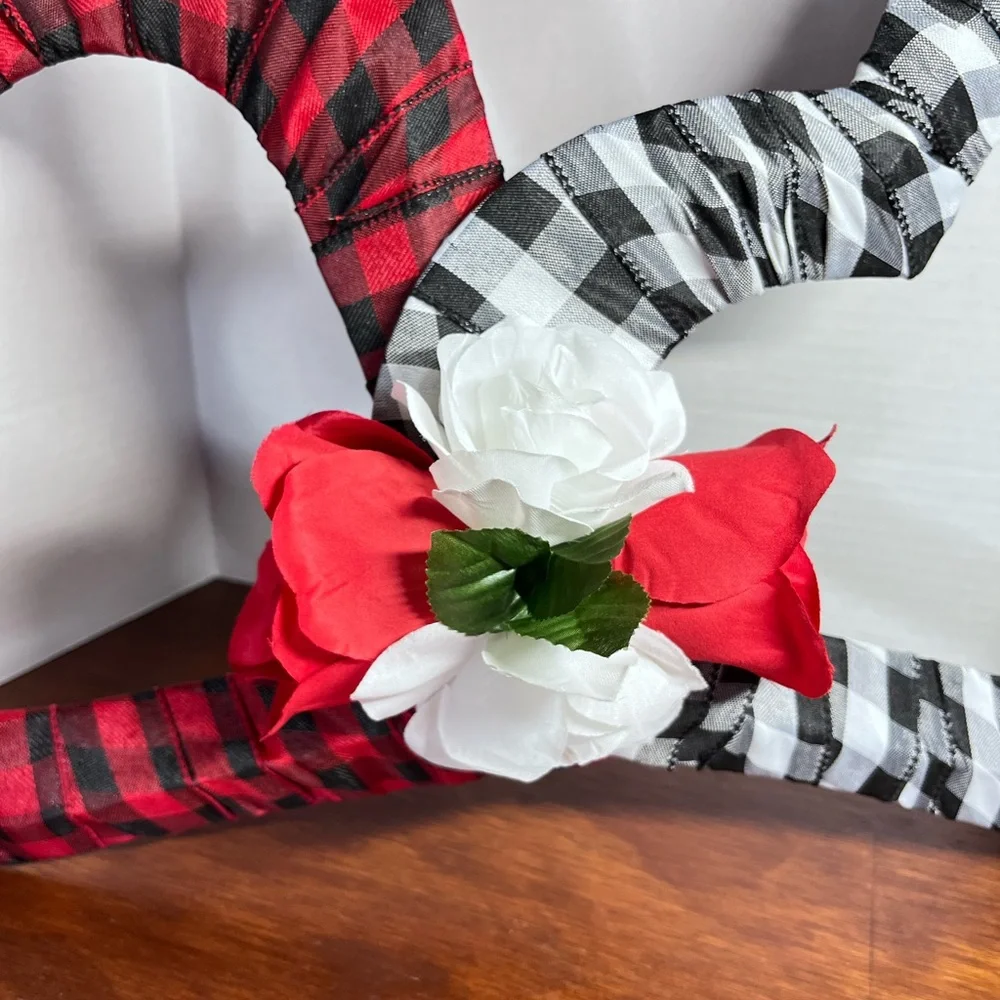Large 24” Gingham Ribbon Wrapped Double Heart Wreath Decor Lumberjack